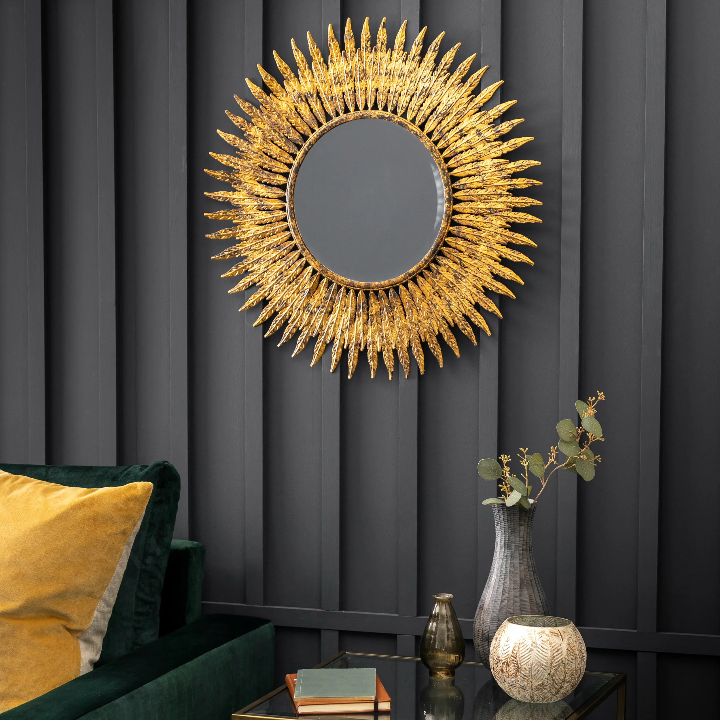 Amos Aged gold feathered frame round mirror
