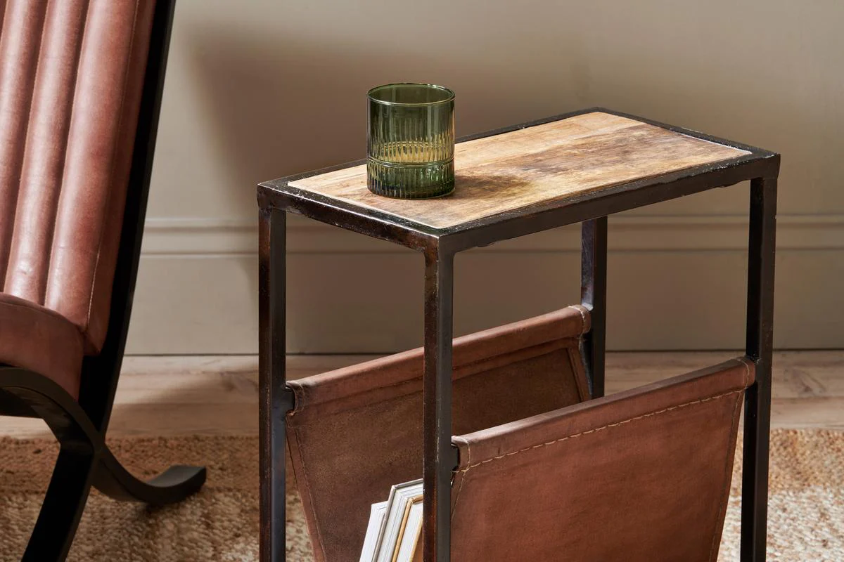 Nkuku Alera Side Table Natural & Brown Leather - Image 2